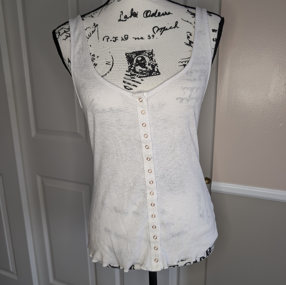 Free People White Sleeveless Button-Front Ribbed Tank